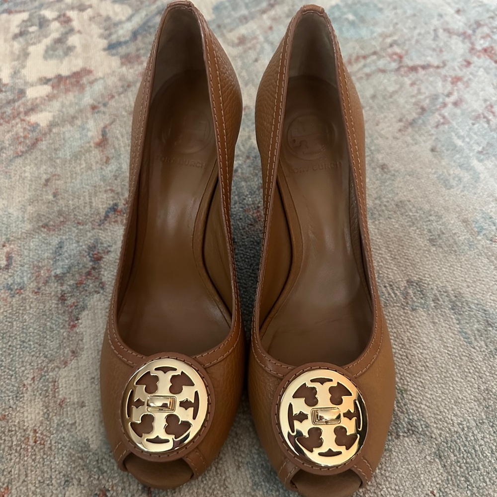 Tory Burch Tan Brown Peep-Toe Wedge Heels